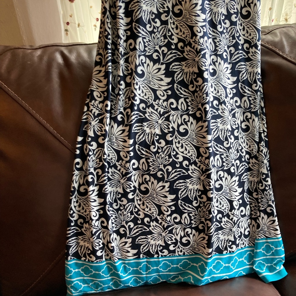 Navy blue white aqua print racer back maxi dress